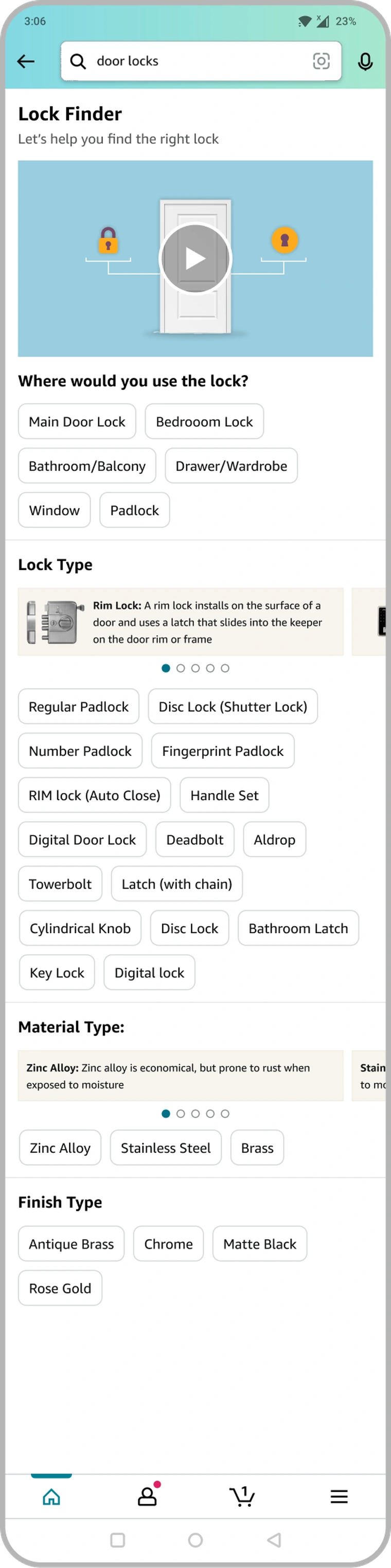 Buying-guide-style exploration: a Lock Finder screen led by a video and long educational content before any selection, with chiclet options below.