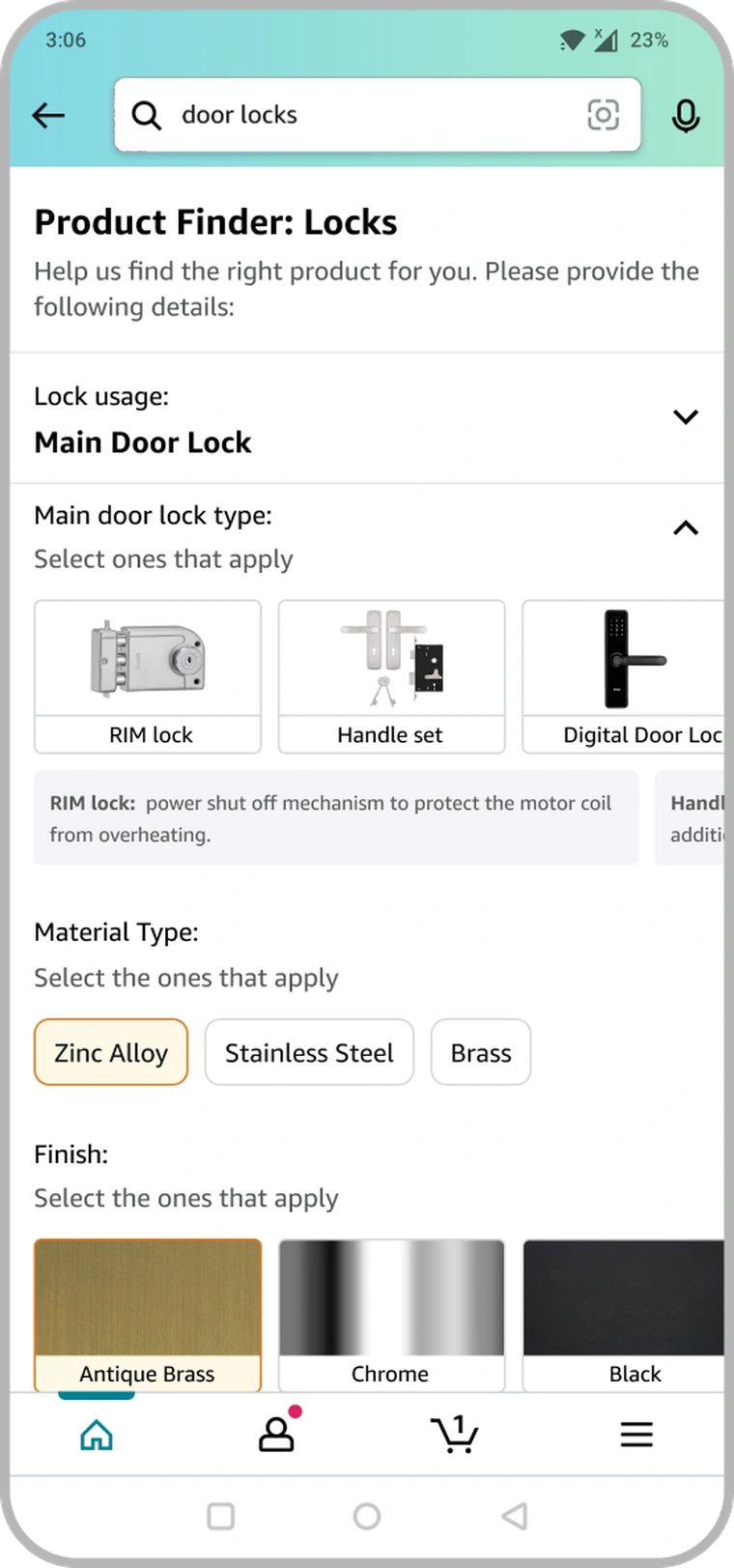 Accordion exploration: Product Finder questions stacked as collapsible accordion sections for lock usage, type, material and finish.
