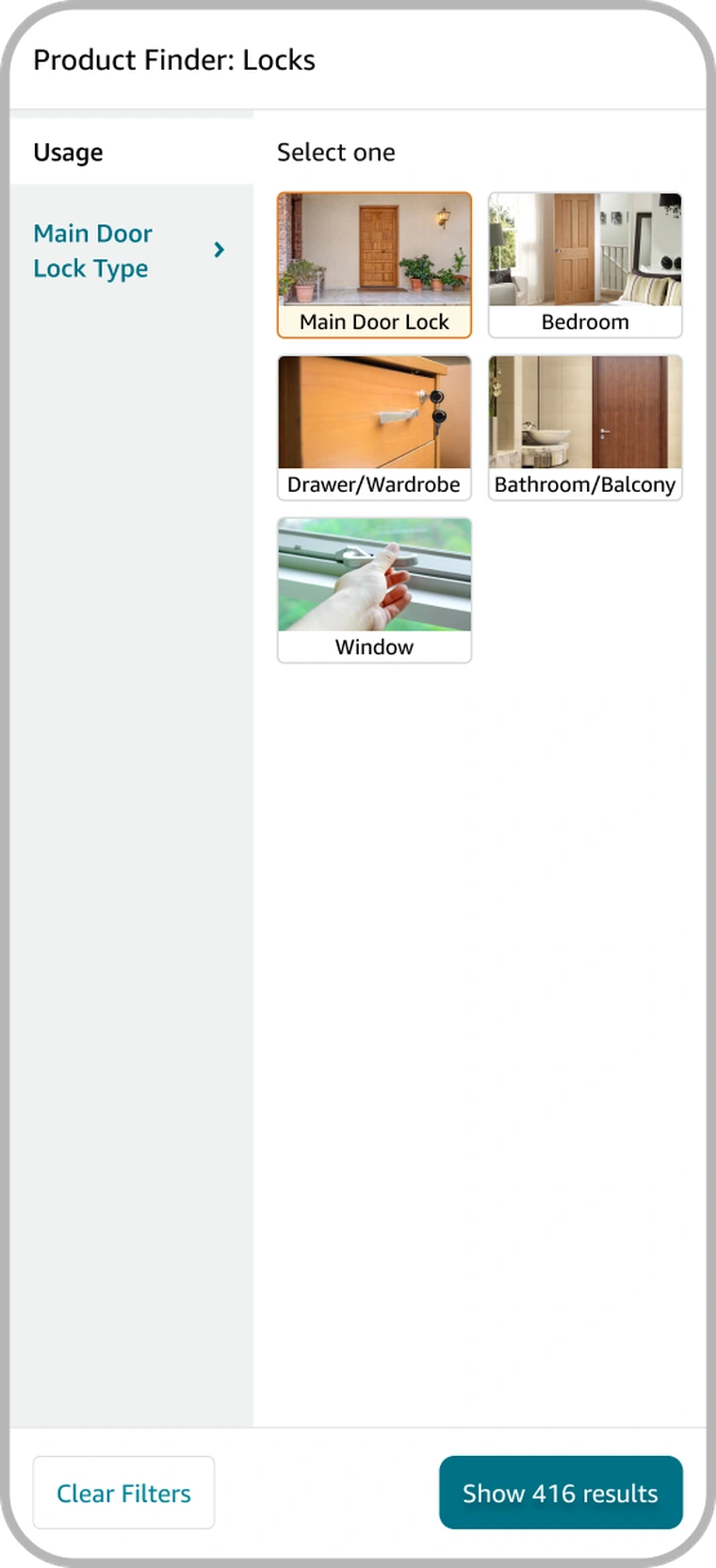 Filter-style exploration: Product Finder as an inline filter with image tiles, price ranges, expandable education below each option, and a live result count.