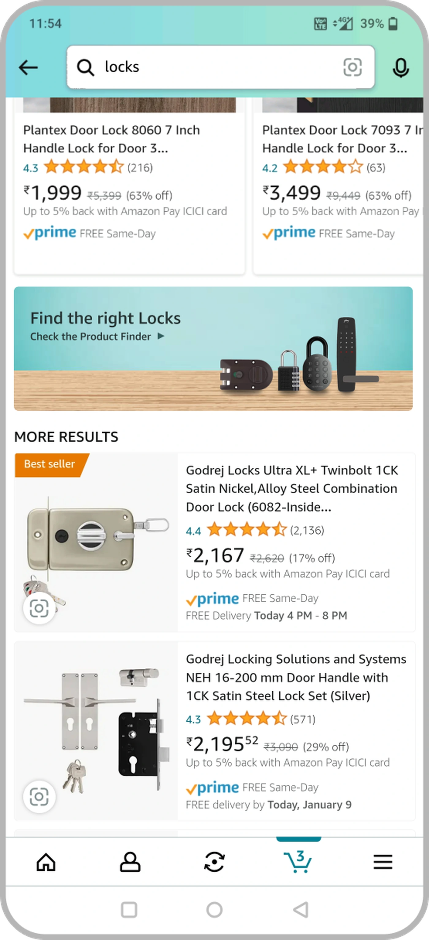 Amazon India search results page for 'locks', showing the 'Find the right Locks: Check the Product Finder' static banner placed between product listings, visually distinct from filter chips and ad units.