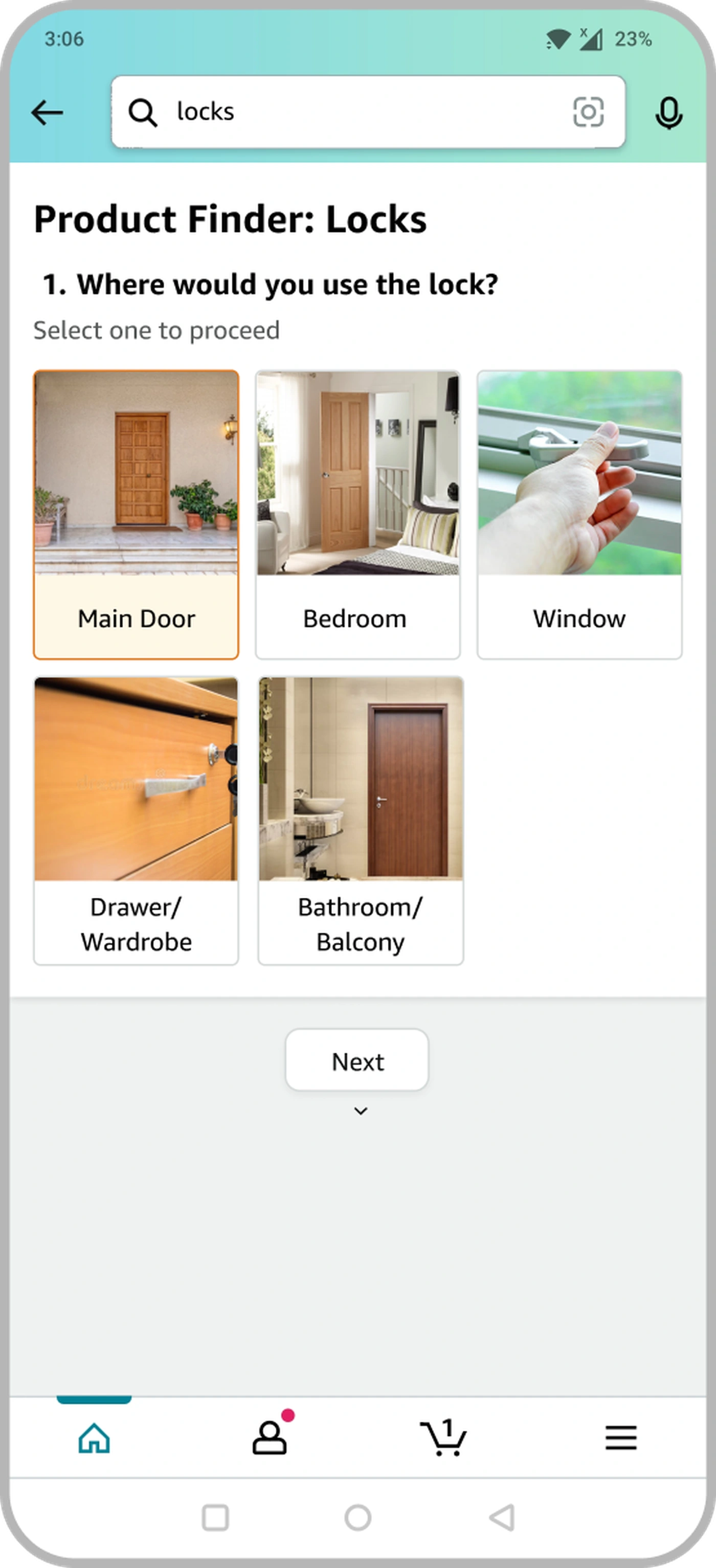 Product Finder Q1 screen: 'Where would you use the lock?', photo tiles for Main Door (selected), Bedroom, Window, Drawer/Wardrobe and Bathroom/Balcony, with a Next button.