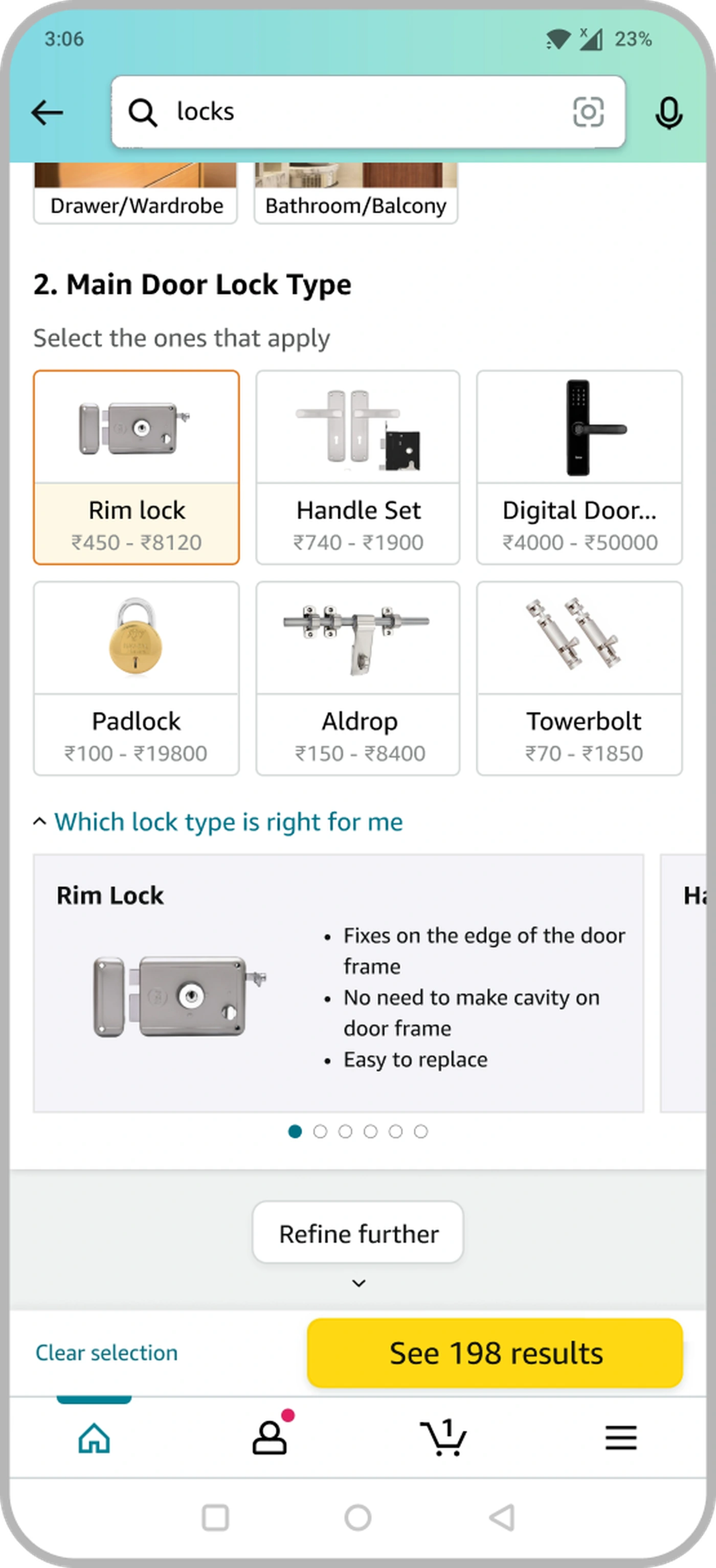 Product Finder Q2 screen: 'Main Door Lock Type', image tiles with real price ranges for Rim lock, Handle Set, Digital Door Lock, Padlock, Aldrop and Towerbolt, an expandable 'Which lock type is right for me' education carousel, and a live 'See 198 results' count.
