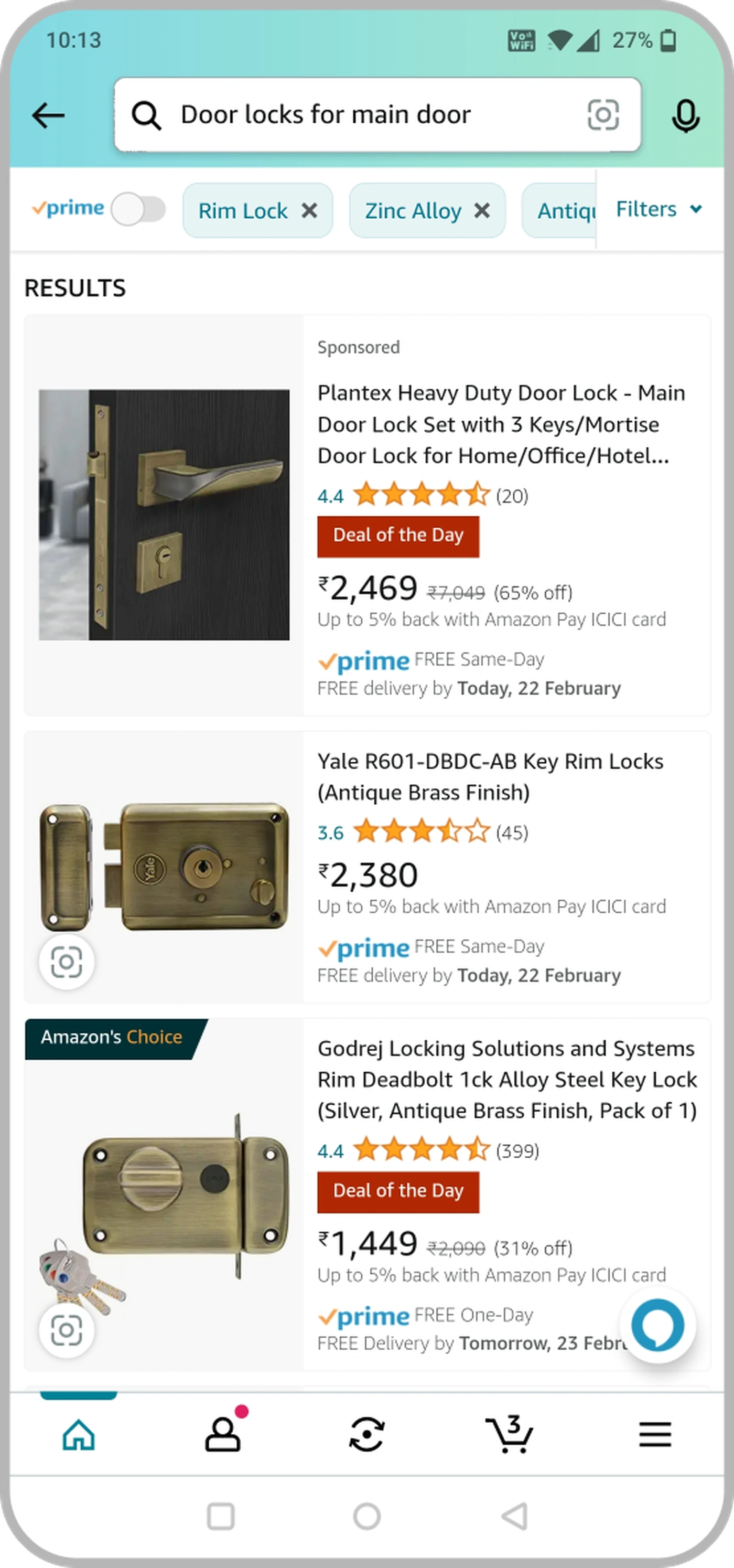 Product Finder results page: search reads 'Door locks for main door', with applied removable filter tags (Rim Lock, Zinc Alloy, Antique Brass) and a curated set of relevant lock listings.