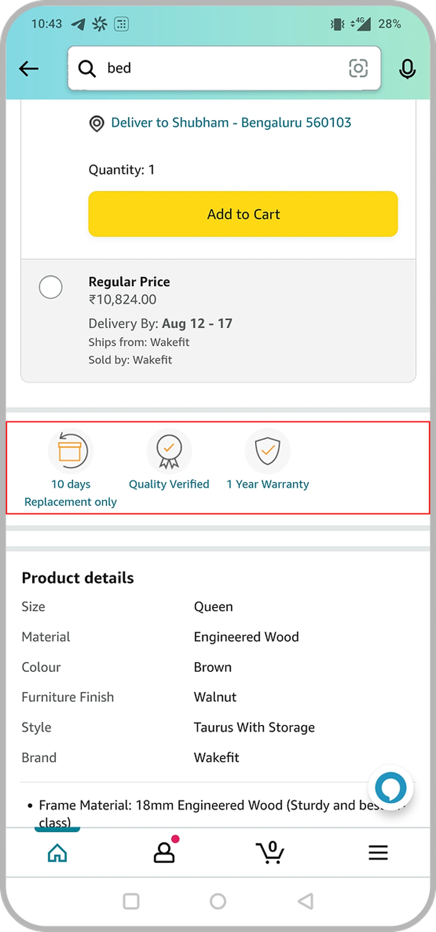 Existing Amazon furniture PDP for a bed, showing trust signals scattered down the page: a 10-day replacement / Quality Verified / 1-year warranty strip, product details, and a separate 'customer ratings by feature' block far below.