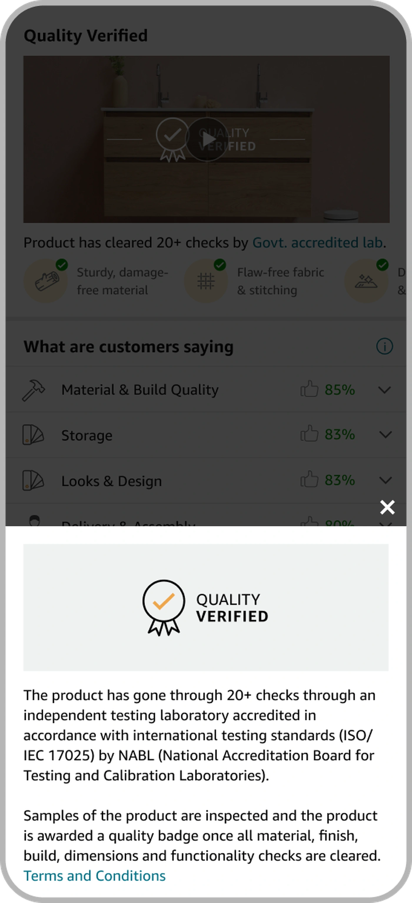 The Quality Verified detail modal: an expanded lab-test video and the full accreditation explanation, 20+ checks by an independent ISO/IEC 17025 lab accredited by NABL, with sample inspection and a quality badge awarded once all checks clear.