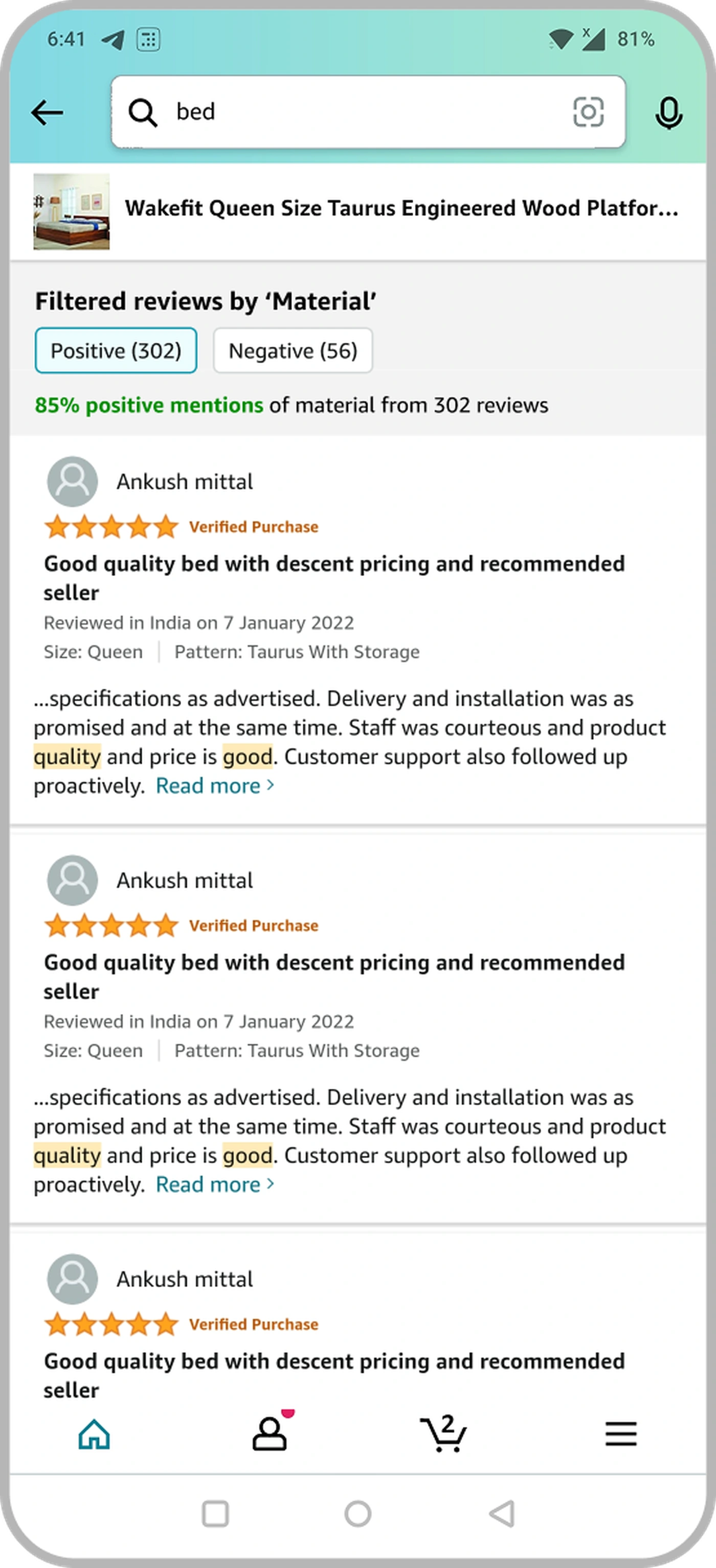 The final review flow: 'What are customers saying' with Looks & Design expanded to Looks 88% and Design 94% plus snippets, and the aspect-filtered reviews screen showing Positive 302 / Negative 56 with keyword-highlighted review cards.