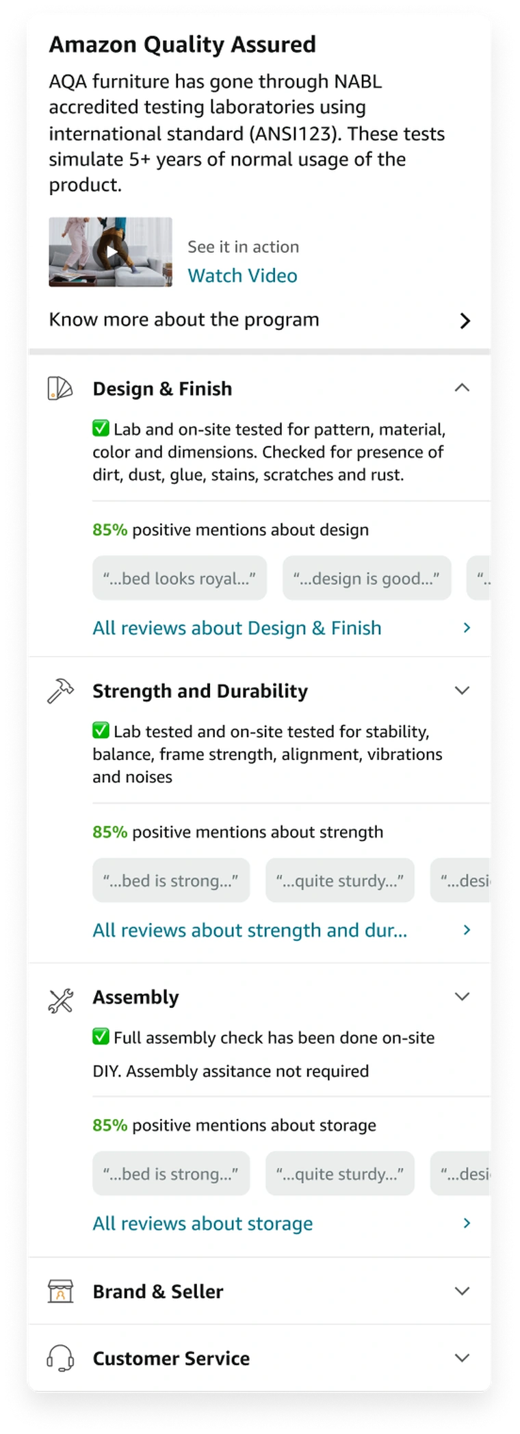 Exploration: Amazon Quality Assured, a text-heavy accordion with long accreditation copy and stacked Design/Strength/Assembly sections.