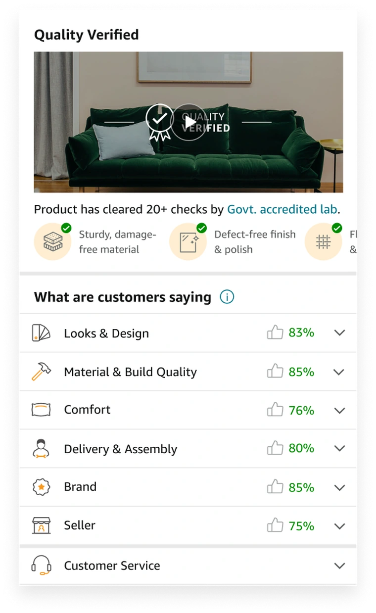 Final compressed module: Quality Verified video plus a collapsible aspect-sentiment list, fitting within the height budget.