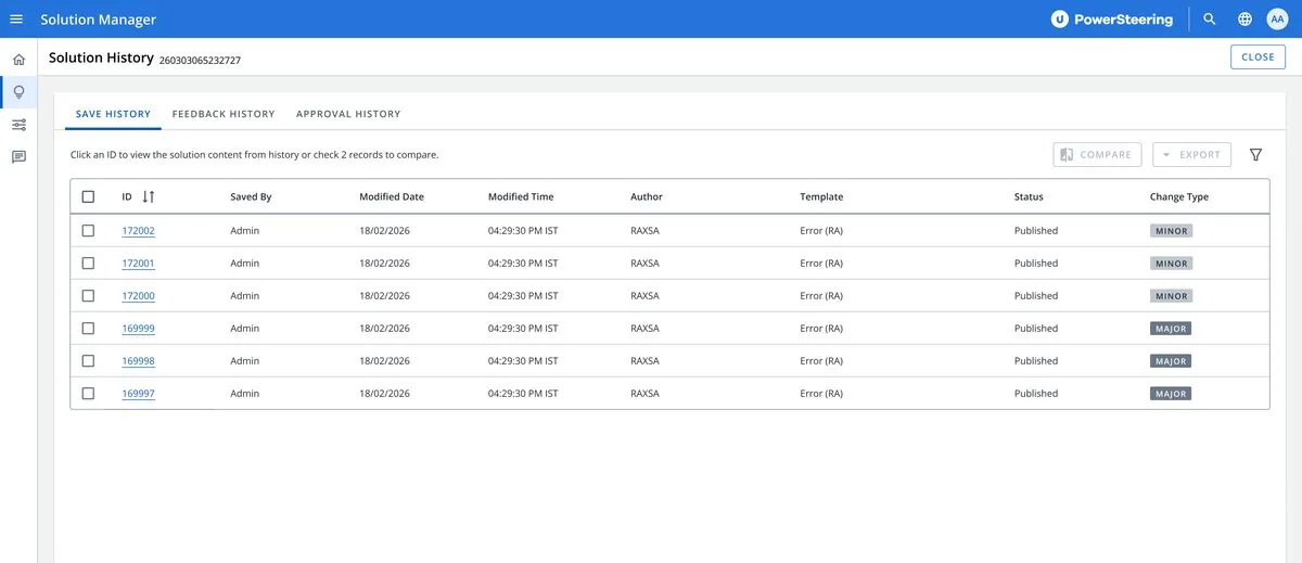 Redesigned solution history